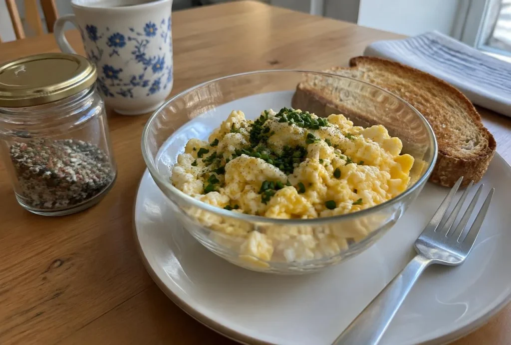 Bowl of creamy scrambled eggs with chives, toast, and a jar of seasoning