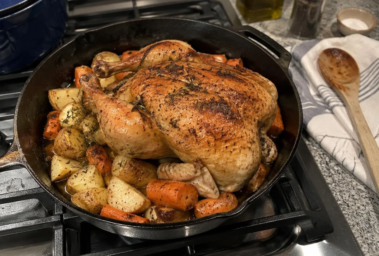 Roast chicken with carrots and potatoes in a cast iron skillet