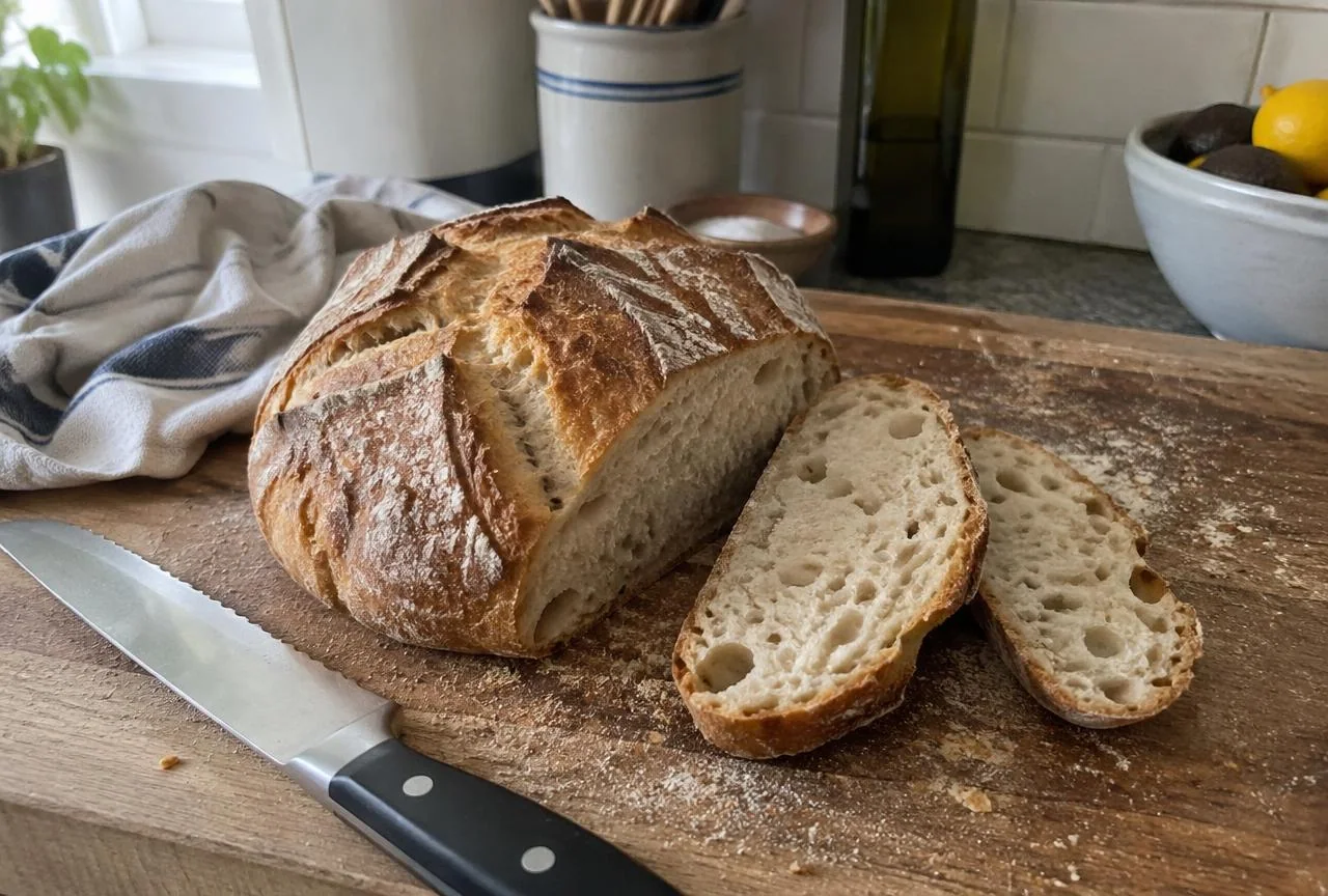 Sliced sourdough loaf on a wooden cutting board in a home kitchen